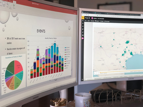 Computer screens showing Pourtastic PMG sales data and map of promotional marketer locations and event activations